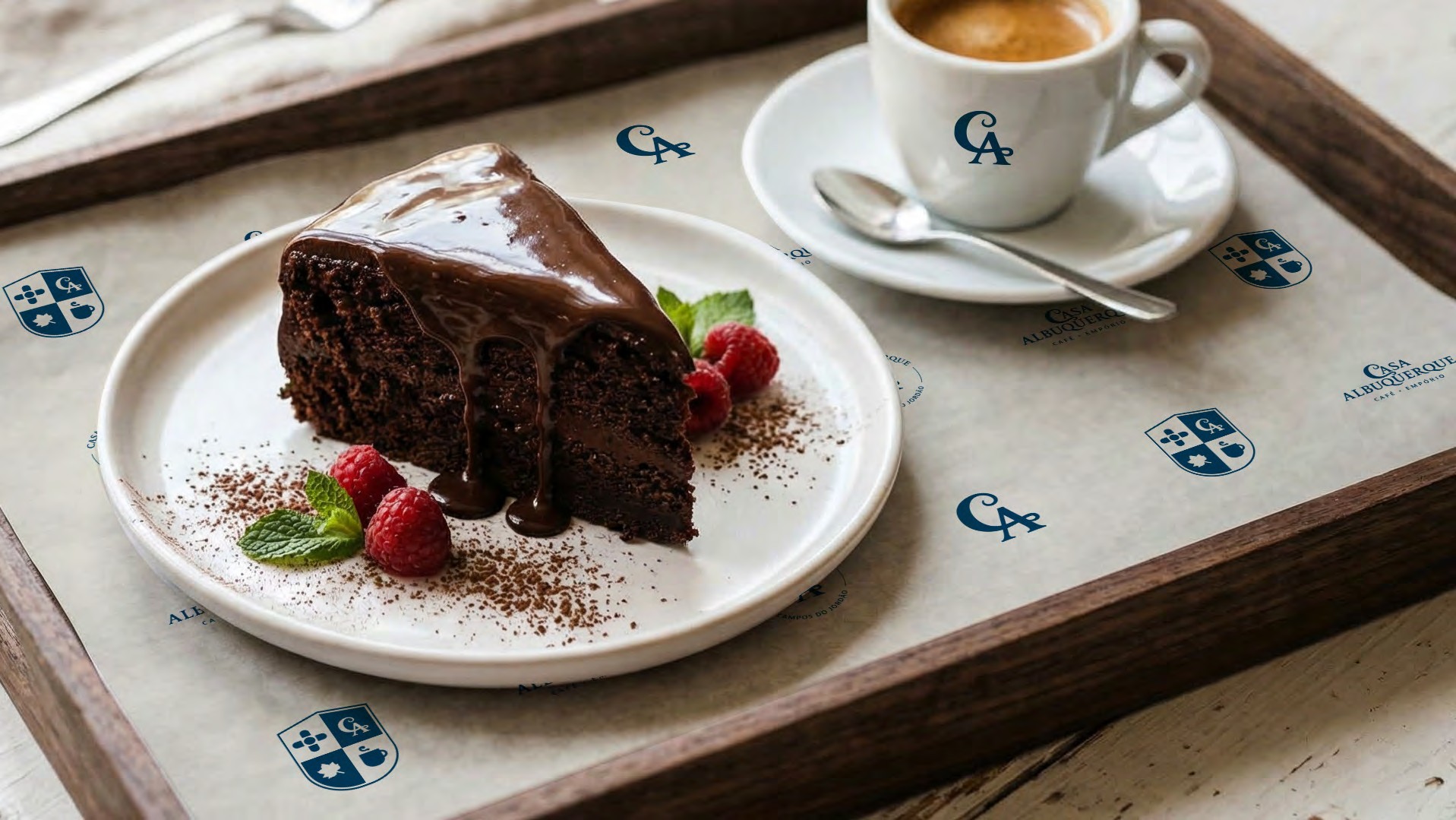 Fatia de bolo de chocolate com framboesas ao lado de um espresso em bandeja da Casa Albuquerque