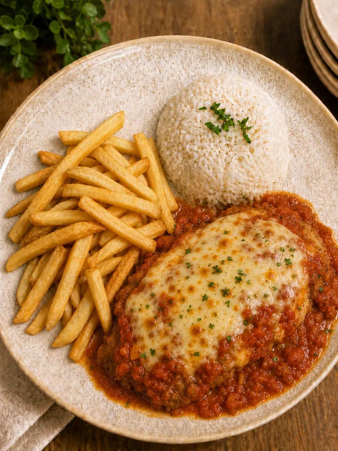 Parmegiana gratinada com arroz e batatas fritas